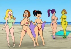 20th_century_fox 20th_century_studios 5girls aged_up akiko_yoshida american_dad asian_female ass beach big_breasts bikini blonde_hair brown_hair brunette_hair cameltoe crossover edna_krabappel erect_nipples family_guy francine_smith futurama fuzzy_door_productions glasses meg_griffin milf milfs mother sexfightfun swimsuit the_simpsons turanga_leela violet_hair yuri