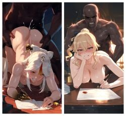 agreement ai_generated big_breasts blush breeding cum cum_in_pussy cum_inside dark-skinned_male document doggy_style from_behind genshin_impact giving_in hoyoverse interracial jean_gunnhildr light-skinned_female ningguang_(genshin_impact) penis_in_pussy samsara_ai sweat thiccwithaq_(ai_style) writing