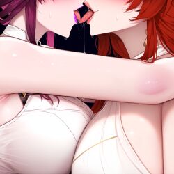 2girls ai_generated enemies_to_lovers enemies_with_benefits himeko_(honkai:_star_rail) honkai:_star_rail honkai_(series) hoyoverse kafka_(honkai:_star_rail) kissing lesbian lesbian_kiss lesbians purple_hair red_hair saliva yuri