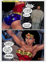 armpits arms_up ass bare_shoulders beard big_ass black_hair blue_eyes breasts chained cleavage clothes clothing comic costume dat_ass dc_comics dcau dungeon earrings english_text female large_breasts leotard long_hair male panel short_hair speech_balloon speech_bubble standing sunsetriders7 text tiara vandal_savage vandalized wonder_woman wonder_woman_(series)