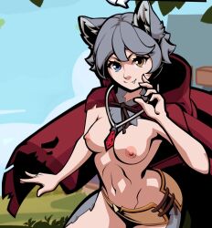 animal_ears furry grey_hair multicolored_eyes nipples overlewd short_hair small_breasts tail ulvi_(overlewd)