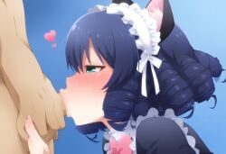 ai_generated blowjob blue_hair blushed_face bowtie cat_ears catgirl clothed clothed_female_nude_male cock_sucking cyan_(show_by_rock!!) drill_hair face_fucking female green_eyes maid maid_hat maid_headband maid_headdress maid_outfit maid_uniform neko neko_maid nekomimi penis penis_sucking pink_bowtie show_by_rock!! sucking sucking_penis
