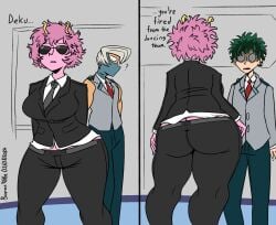 1girl 2020s 2024 2boys baron_vee big_ass butt_crack digital_media_(artwork) female horns izuku_midoriya mezo_shoji mina_ashido my_hero_academia pink_hair shocked suit sunglasses tinted_eyewear u.a._school_uniform