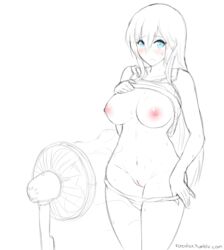 blue_eyes blush breasts cooling_off electric_fan fan fanning_crotch female large_breasts long_hair navel nipples panties panties_down pussy razalor shirt_lift solo standing sweat tank_top