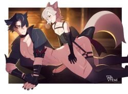 anal anal_sex animal_ears blush blush_lines bottomless femboy_on_male gay genshin_impact hoyoverse light-skinned_male light_skin lyney_(genshin_impact) matemi penis precum small_dom_big_sub smaller_penis_but_dominant tagme tail thighhighs watermark wriothesley_(genshin_impact) yaoi