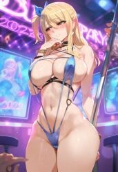 1girls ai_generated arm_behind_back blonde_hair blush bow bracelet choker club embarrassed fairy_tail female hair_ornament hand_to_own_mouth jewelry lace_trim large_breasts long_hair looking_away lucy_heartfilia neon_lights nobaralover novelai o-ring pole sling_bikini solo stripper_pole tagme tsurime