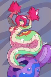 absurd_res anthro apode areola big_areola big_breasts breasts draconcopode female genitals green_nipples grinding hair hi_res legless looking_at_viewer naga nipples non-mammal_breasts nude pottery pussy reptile scalie serpentine shantae shantae:_half-genie_hero snake solo tuki_(shantae) unknown_artist wayforward