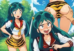 ai_generated ataru_moroboshi civitai eyeshadow generated_by_nanek grabbing_ass green_hair horns lum oni_female pointy_ears school_uniform spread_pussy tiger_print_panties tiger_print_skirt tongue_out urusei_yatsura