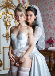 1boy 1girls 3d ai_generated breasts chastity_cage female femboy feminine_male futanari hugging_from_behind intersex male realistic sissy small_breasts wedding wedding_lingerie