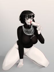 arm_support bottomless breasts cum_on_clothes disembodied_penis facial female fubuki_(one-punch_man) jewelry large_breasts long_sleeves monochrome one-punch_man partial_male penis pussy ribbed_sweater short_hair solo_focus sweater testicle_grab testicles tumtumisu turtleneck