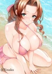 aerith_gainsborough bare_legs bare_shoulders bikini braid breasts brown_hair cleavage female final_fantasy final_fantasy_vii final_fantasy_vii_rebirth final_fantasy_vii_remake frilled_bikini frills green_eyes hair_ribbon highres huge_breasts large_breasts long_hair parted_bangs pink_bikini ribbon sidelocks swimsuit yosaku_vs_hina