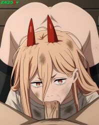 ai_generated blowjob chainsaw_man ends34 female female_focus horns long_hair power_(chainsaw_man) pussy pussy_juice small_breasts stinky stockings