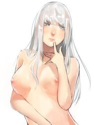 artist_request blame! breasts cibo cyborg finger_on_chin gray_eyes large_breasts lips long_hair nipples nude nude_female silver_eyes silver_hair white_background white_hair_female