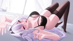 absurdres aircell arms_up bare_shoulders black_bra black_pantyhose blush bra breasts bright_pupils cleavage clothes_pull commentary cum curtains facial female hair_between_eyes hair_horns hair_intakes highres honkai_(series) honkai_impact_3rd indoors knees_up large_breasts long_hair looking_at_viewer lying no_shoes on_back paid_reward_available pantyhose pantyhose_pull purple_eyes pussy_juice pussy_juice_trail solo thelema_nutriscu tile_floor tiles toes tongue tongue_out underwear variant_set very_long_hair white_hair white_pupils