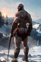 1boy ai_generated aimuscles ass_visible_under_skirt bald bald_man bara barely_clothed barely_covered beard big_ass big_butt bubble_ass bubble_butt daddy dilf exposed_ass facial_hair god_of_war kratos large_ass large_butt looking_at_viewer looking_back_at_viewer male male_focus male_only mature_male muscles muscular muscular_arms muscular_ass muscular_back muscular_legs nature nature_background older_male outdoor_nudity outdoors partially_clothed_male partially_nude partially_undressed public public_exposure red_markings red_skirt removing_clothing removing_skirt round_ass round_butt scantily_clad seductive seductive_pose showing_ass showing_off_ass slutty_pose snow snowy_background stripping thick_ass thick_thighs warrior winter