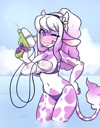 anthro big_breasts bikini breast_milking breasts cattle clothing female horns jocelyn lactation mammal milk solo swimsuit water water_gun zyira