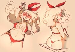 artist_request bikini bikini_top_removed bunny_ears confusion glow_bracelet red_eyes red_lipstick red_nails red_ribbon self_insert sinstarrynight suggestive_look sunglasses tinted_eyewear