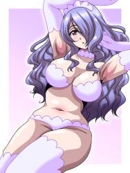 1girls :o arm_behind_head armpits arms_up bare_midriff bare_thighs bra breasts camilla_(fire_emblem) elbow_gloves female female_only fire_emblem fire_emblem_fates gloves gradient_background hair_over_one_eye inabakun00 large_breasts long_hair looking_at_viewer maid maid_headdress midriff navel nintendo panties pink_background pink_bra pink_eyes pink_panties purple_background purple_hair solo thighhighs thighs underwear very_long_hair