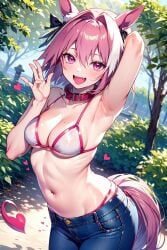 1girls :d ai_generated animal_ears animal_tail arm_up armpits arms_up astolfo_(fate) bangs bare_arms bare_shoulders belt bikini bikini_top bikini_under_clothes black_bikini blue_sky blush bow braid breasts buckle bush choker cleavage collar collarbone cowboy_shot crop_top curtains_match_windows cutoffs dappled_sunlight day denim denim_shorts eyebrows_visible_through_hair fangs fate/grand_order fate_(series) female female_focus genderswap_(mtf) groin hair_between_eyes hair_intakes hair_ribbon hand_up heart heart_choker hearts_around_body highleg highleg_bikini highleg_panties horse_ears horse_girl horse_tail jeans kemonomimi_mode leash long_hair looking_at_viewer lowleg medium_breasts midriff multicolored_hair navel open_mouth outdoors pants pink_eyes pink_hair purple_eyes ribbon rule_63 shiny shiny_hair shirt short_hair shorts skin_fang skindentation sky smile solo standing stomach streaked_hair string_bikini sunlight swimsuit tail thighs tree two-tone_hair very_long_hair water wet white_bikini white_hair