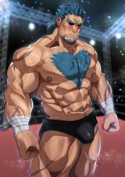 1boy abs bara beard biceps blue_hair blush bucchigiri?! bulge hairy_chest kenchiro_douman male male_nipples male_only manly mature_male muscular_male nipples oyatu55k pecs sweat sweating