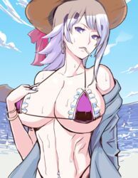 abs beach bikini blue_eyes breasts cigarette cleavage cryska_barchenowa earrings female hat large_breasts midriff mikazuki_shigure muv-luv muv-luv_alternative muv-luv_alternative_-_total_eclipse navel navel_piercing piercing smoking solo standing sweat underboob white_hair