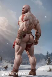 1boy ai_generated aimuscles ass_visible_under_skirt bald bald_man bara barely_clothed barely_covered beard big_ass big_butt bubble_ass bubble_butt daddy dilf exposed_ass facial_hair god_of_war kratos large_ass large_butt looking_at_viewer looking_back_at_viewer male male_focus male_only mature_male muscles muscular muscular_arms muscular_ass muscular_back muscular_legs nature nature_background older_male outdoor_nudity outdoors partially_clothed_male partially_nude partially_undressed public_exposure red_markings red_skirt removing_clothing removing_skirt round_ass round_butt scantily_clad seductive seductive_pose showing_ass showing_off_ass slutty_clothing slutty_outfit slutty_pose snow snowy_background stripping thick_ass thick_thighs warrior winter