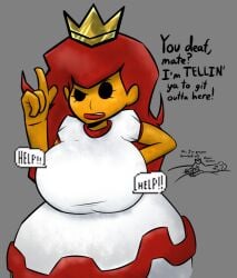 1girls big_breasts breast_expansion breast_inflation breasts british clothed creepypasta crown damsel damsel_(mario_85) dialogue dress empty_eyes explodingcelebi female female_only huge_breasts long_hair long_red_hair mario_(series) princess princess_peach princess_toadstool red_hair royalty text white_dress