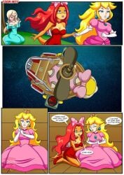 anthro bbmbbf blonde_hair blue_dress comic mario_(series) orange_body page_15 palcomix pink_dress princess_peach princess_rosalina red_hair slap_mark wendy_o._koopa yuri