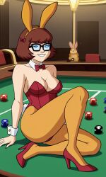 ai_generated ass bigmic145 breasts bunny_ears bunny_girl bunny_tail bunnysuit cartoon_network casino orange_pantyhose pantyhose playboy_bunny red_hair scooby-doo scooby-doo!_mystery_incorporated shoes velma_dinkley velma_dinkley_(mystery_incorporated)