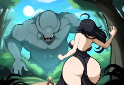 1boy ai_generated black_hair bottom_heavy dat_ass female forest giant grass_field huge_ass huge_breasts monster mullon novelai original original_character sorceress sorceress_sophia wide_hips