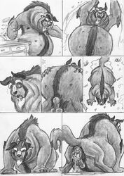 2012 all_fours ambiguous_gender anal_birth anthro anus baby balls beast_(disney) beauty_and_the_beast birth closed_eyes comic disney duo fur horn leovictor64 male male_birth male_only male_pregnancy monochrome nude penis pregnant simple_background sketch spread_anus spreading white_background young