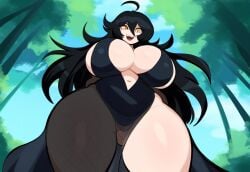 ai_generated black_hair dat_ass female forest from_below huge_breasts low-angle_view mullon novelai original original_character pussy smile sorceress sorceress_sophia voluptuous