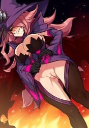 1girls 2022 absurd_res aldharoku arc_system_works big_breasts black_sclera blazblue blazblue:_central_fiction blush clothes_lift female female_only hair_over_one_eye konoe_a_mercury long_hair looking_at_viewer nine_the_phantom no_panties pink_hair pussy smiling smiling_at_viewer solo teeth_showing viewed_from_below witch witch_hat yellow_eyes