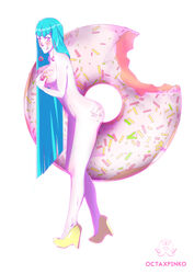 absurdres ass blue_hair blunt_bangs blush breast_grab breasts donut earrings female food high_heels long_hair looking_at_viewer me!me!me! meme_(me!me!me!) naked_footwear naked_heels navel nipples nude octaxpinko pink_eyes pubic_hair simple_background smile solo very_long_hair white_background