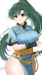 1girls bare_arms bare_thighs belt breasts female female_only fingerless_gloves fire_emblem fire_emblem:_the_blazing_blade gloves green_eyes green_hair kocha_(jgug7553) large_breasts long_hair lyn_(fire_emblem) nintendo no_panties pelvic_curtain ponytail short_sleeves smile solo sword thick_thighs thighs very_long_hair weapon white_background wide_hips