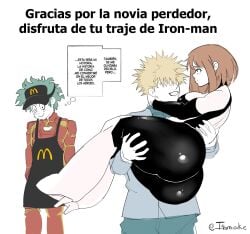 1girls 2boys ass big_ass blonde_hair brown_hair carrying crying cuck green_hair itamicake izuku_midoriya katsuki_bakugou mcdonald's my_hero_academia netorare ntr ochako_uraraka ochako_uraraka_(hero_outfit) princess_carry spanish_text translated