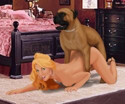 blonde_hair cringer990 cum_drip doggy_style dominant_feral feral_on_human feverdreams high_heels human_female interspecies_sex naughty_face on_all_fours sex_from_behind zoophilia zoophilia