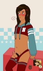 annoyed_expression big_penis blush brown_eyes brown_hair dark-skinned_male dark_skin gay human human_only long_hair male male_focus male_only meme noah_(tdi) penis self_upload sitting skinny tan_skin total_drama_island two_piece