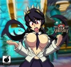 big_breasts black_hair blush breasts filia_(skullgirls) hoop_earrings linkartoon popping_buttons red_eyes skullgirls student wardrobe_malfunction