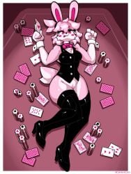 anthro baronflint bow_tie card clothing female footwear genitals hi_res high_heels lagomorph legwear leporid lying mammal on_back playing_card poker_chip pussy rabbit shoes solo stockings topwear vest