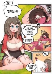 2girls bandage big_breasts blue_eyes brown_hair comic creeeen demon fully_clothed hair_ornament korean_text original original_character pussy_peek shorts translation_request