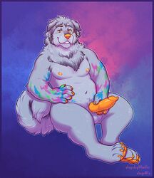 ahoge_(artist) animal_genitalia animal_penis anthro balls canid canine canine_penis canis digital_media_(artwork) domestic_dog fur hair hand_on_hip knot looking_at_viewer male male_only mammal nipples penis sitting slightly_chubby smile solo teeth