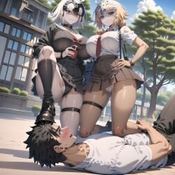 1boy 2girls ai_generated blonde_hair boot_on_face disgusted domination fate/grand_order fate_(series) headpiece jeanne_d'arc_(alter)_(fate) jeanne_d'arc_(fate) jeanne_d'arc_(fate)_(all) kneeling large_breasts lying_on_ground pleated_skirt school_uniform upskirt white_hair