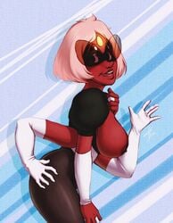 arm_warmers black_eyes breasts breasts_out cartoon_network elbow_gloves female forehead_jewel gem_(species) gem_fusion gloves glowing large_breasts lui-ra multi_arm multi_eye multi_limb nipples open_mouth pantyhose pink_hair red_skin sardonyx_(steven_universe) short_hair smile solo steven_universe sunglasses waving