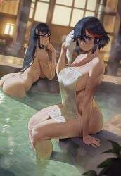 2girls ai_assisted ai_generated ass black_hair blue_eyes blurry blurry_background blush breasts closed_mouth collarbone commentary completely_nude hair_between_eyes highres kill_la_kill kiryuuin_satsuki large_breasts looking_at_viewer matoi_ryuuko multicolored_hair multiple_girls nude onsen patreon_logo patreon_username red_hair shexyo short_hair siblings sisters sitting smile steam streaked_hair thighs toned toned_female towel water wet