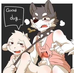 2boys all_fours anthro asriel_dreemurr buttjob canine caprine circumcised collar dialogue doggo_(undertale) duo english_text fur gay goat humanoid_penis leash male male_only mammal penis power_bottom saku1saya spiked_collar teenager text undertale video_games white_fur yaoi young