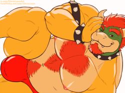 animal_humanoid anthro areola armband beard bedroom_eyes belly biceps big_belly big_muscles body_hair bowser bowser_day bracelet bulge chest_hair clothing collar deraccoon deraccoonart eyebrows facial_hair gay hair half-closed_eyes humanoid jewelry koopa koopa_humanoid looking_at_viewer lying male mammal mario_(series) mario_bros musclegut muscular muscular_anthro muscular_male narrowed_eyes navel nintendo nipples on_side one_eye_closed pecs pubes raised_leg reptile scalie scalie_humanoid seductive simple_background slightly_chubby smile smirk solo teeth teeth_showing thick_thighs turtle underwear wink