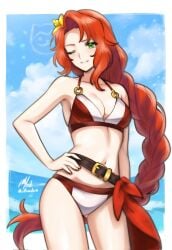 1girls alternate_costume artist_name belt bikini braid cleavage fire_emblem fire_emblem:_path_of_radiance fire_emblem:_radiant_dawn green_eyes hand_on_own_hip highres large_breasts long_hair looking_at_viewer nintendo one_eye_closed red_hair rotomdocs smile solo swimsuit titania_(fire_emblem) two-tone_swimsuit very_long_hair