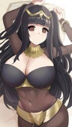 1girls arms_up bangs bed black_hair bodystocking breasts brown_eyes cleavage covered_navel female female_only fire_emblem fire_emblem_awakening grin huge_breasts kocha_(jgug7553) long_hair nintendo on_back on_bed pelvic_curtain pillow solo tharja_(fire_emblem) thighs very_long_hair