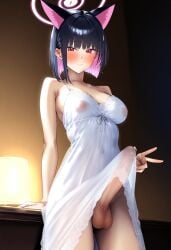 ai_generated animal_ears bedroom black_hair blue_archive blush cat_ears erection frills futanari gerumusi halo indoors kazusa_(blue_archive) nightgown precum see-through short_hair smile standing testicles two-tone_hair v_sign white_dress